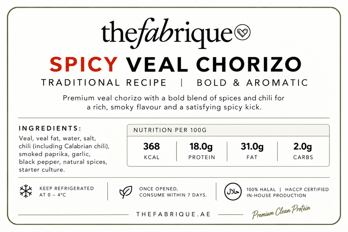 A square product label for Thefabricque Spicy Veal Chorizo, featuring a clean white background with black and red typography and a thin green border.