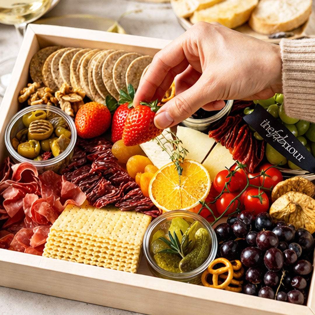 Person selecting a strawberry from a charcuterie board with various food items.