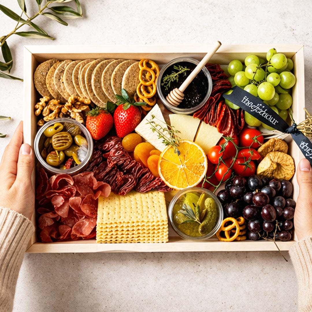 Assorted food platter with meats, cheeses, fruits, and crackers in a wooden box.