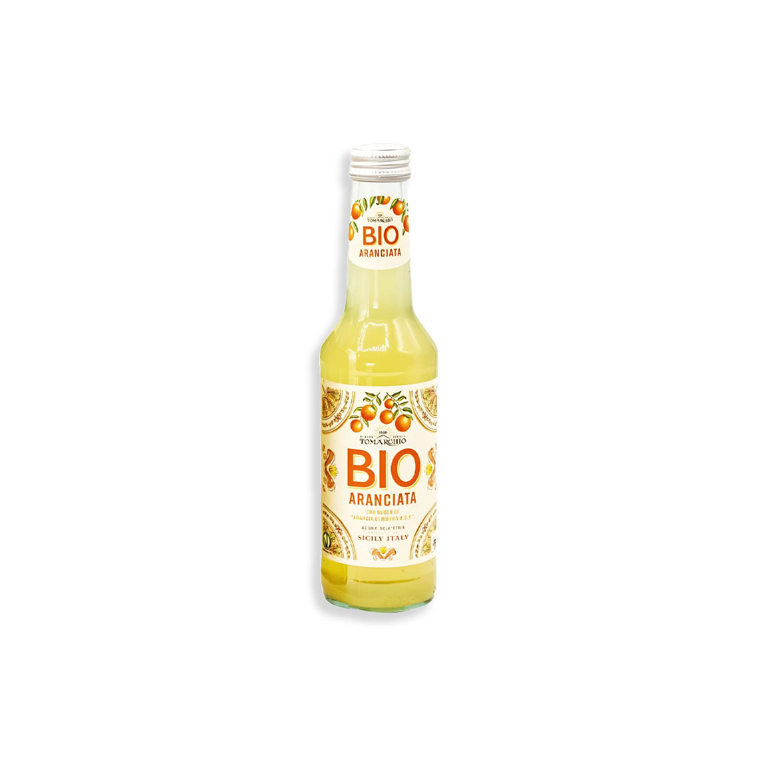 Bottle of 'Bio Aranciata' juice on a white background