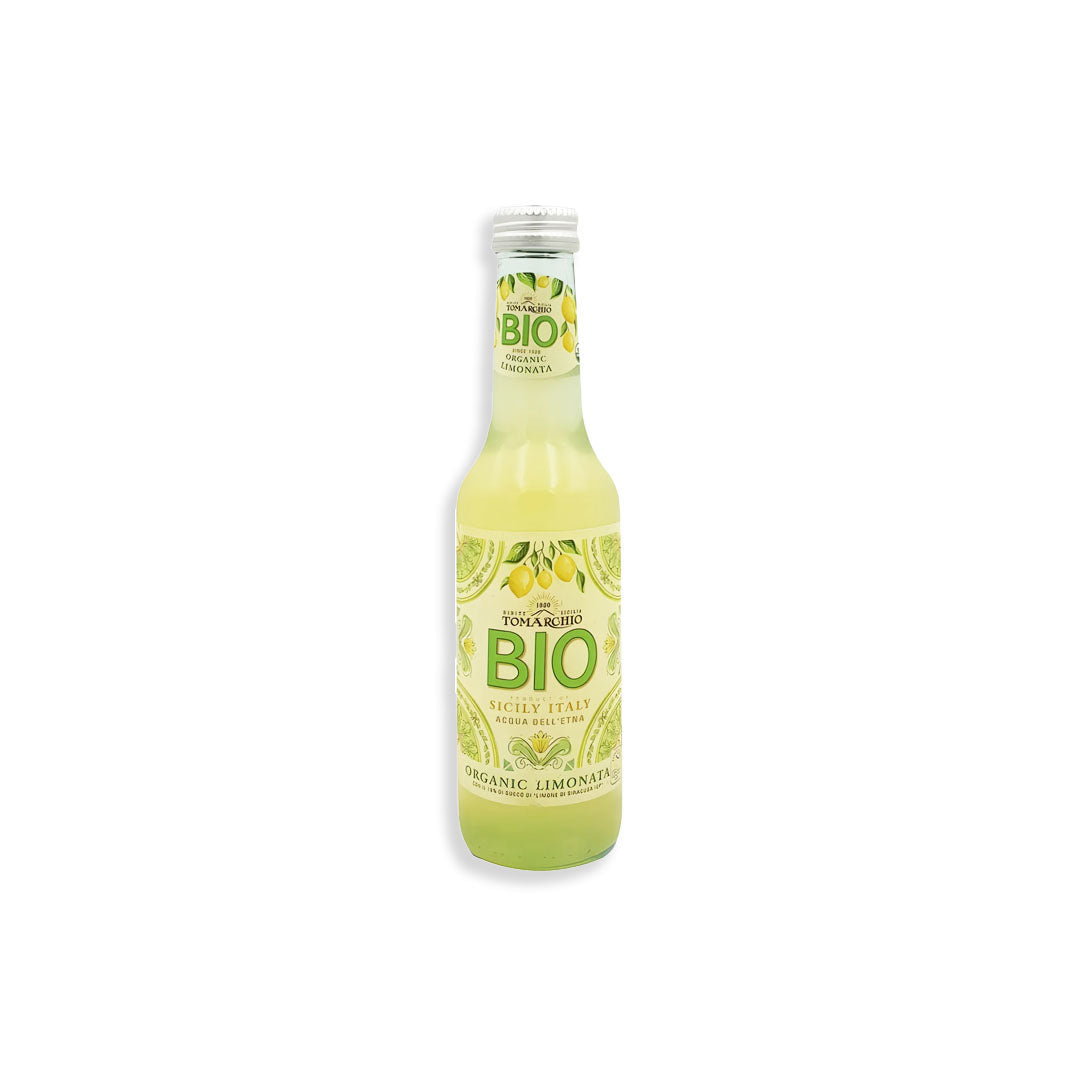 Bottle of organic lemonade with a white background