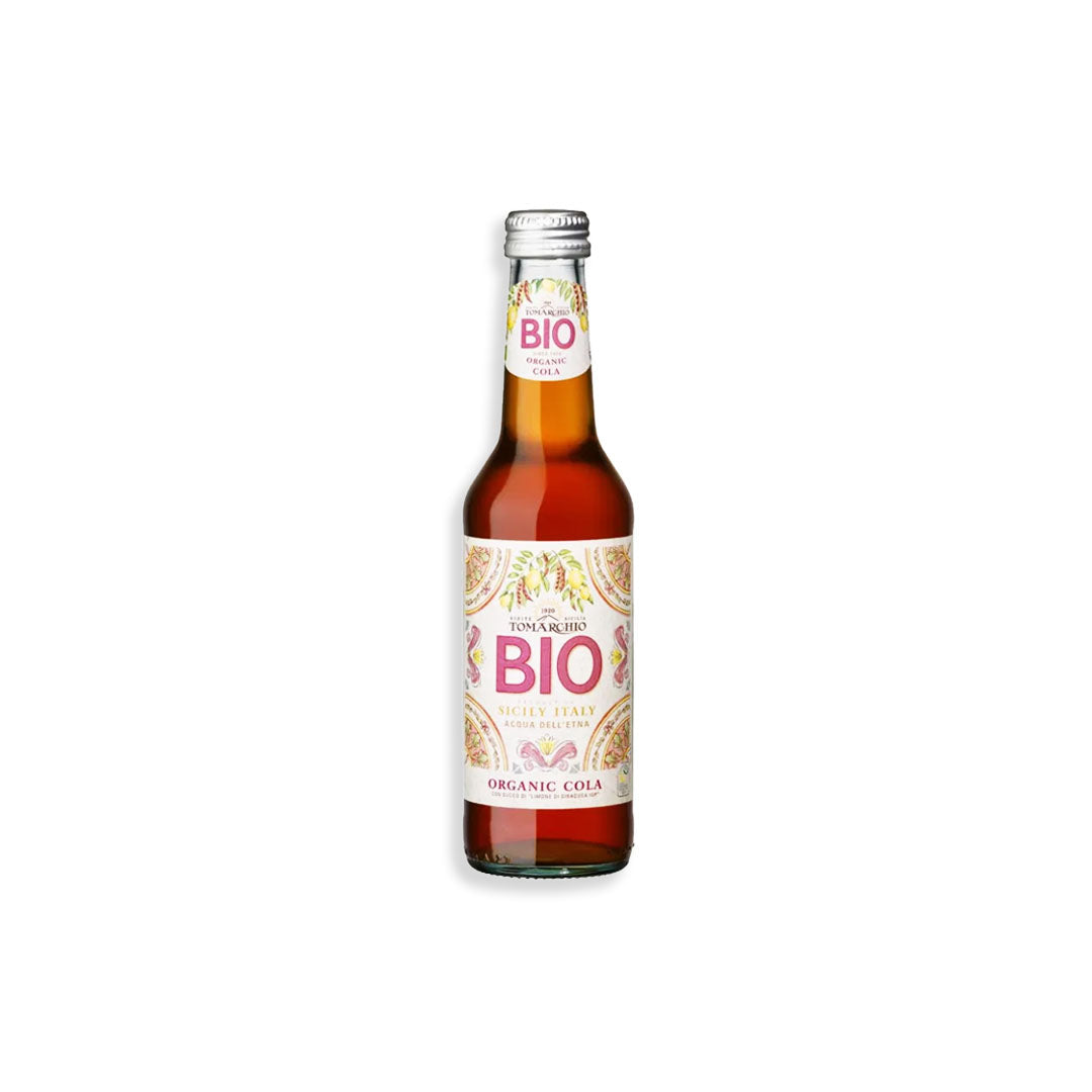 Bottle of organic cola with a white label on a white background