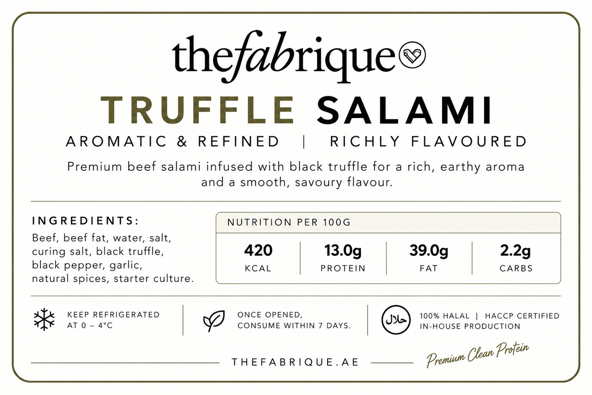 A square product information card for Thefabricque Truffle Salami, featuring the brand name, product description, ingredients list, nutrition facts per 100g, storage instructions, and a clean white background with black and brown text.