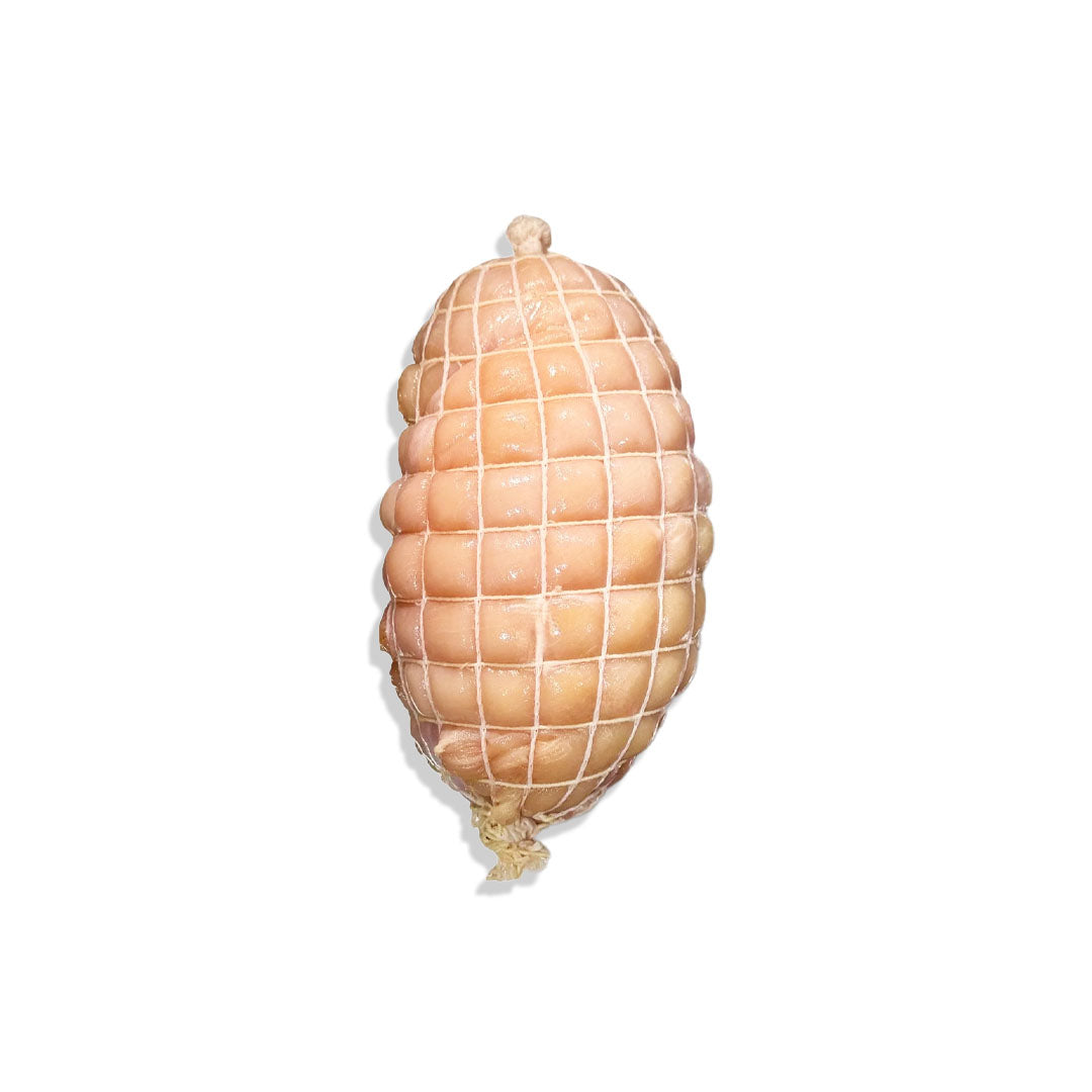 Cured meat product wrapped in a grid pattern on a white background