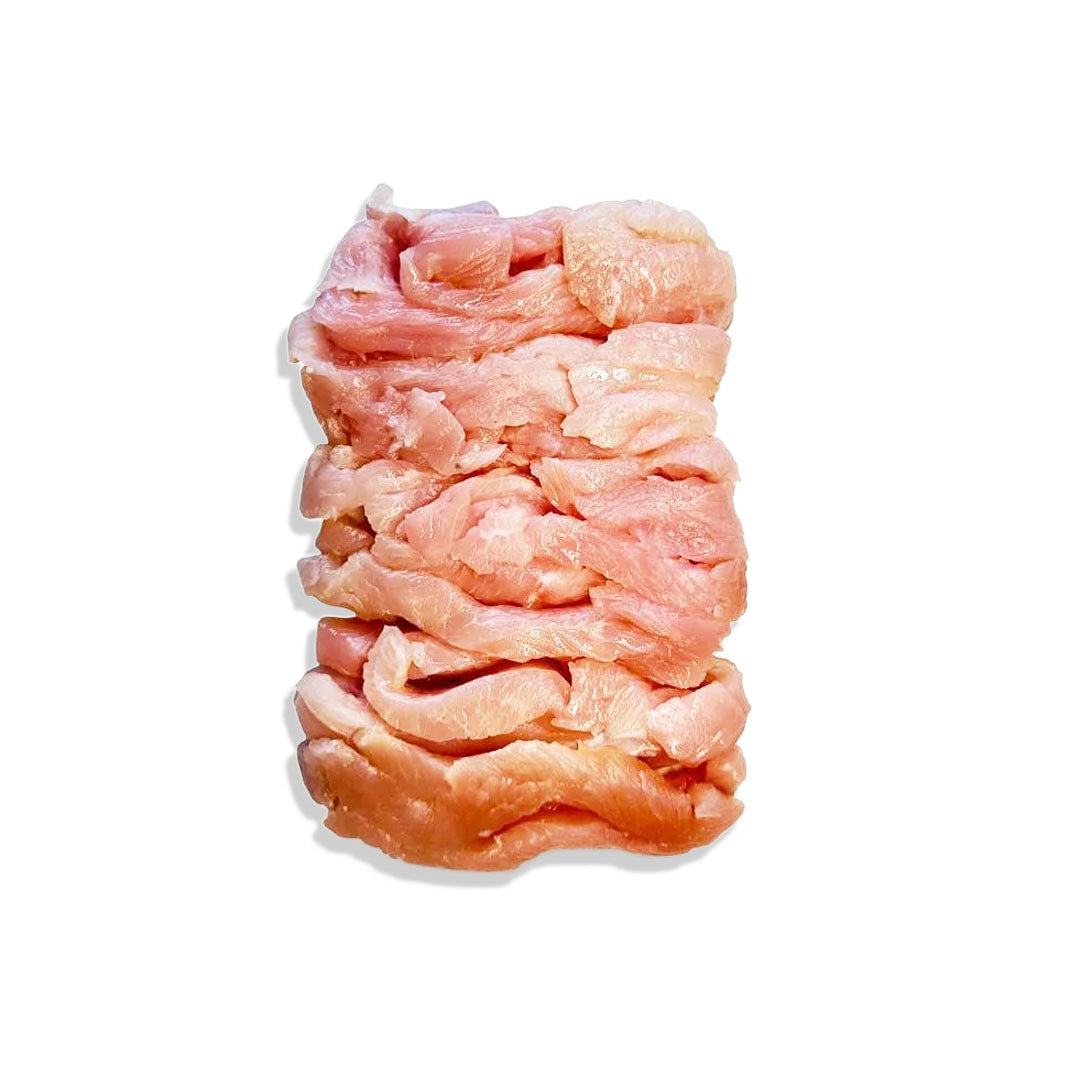 Raw chicken breast strips in a clear plastic packaging on a white background