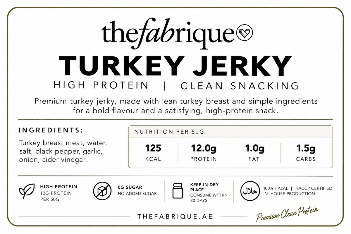 A clean, front-facing product information card for Thefabricque Turkey Jerky. The card features a white background with black text and icons detailing the product's high protein content, ingredients, and nutritional values per 50g.