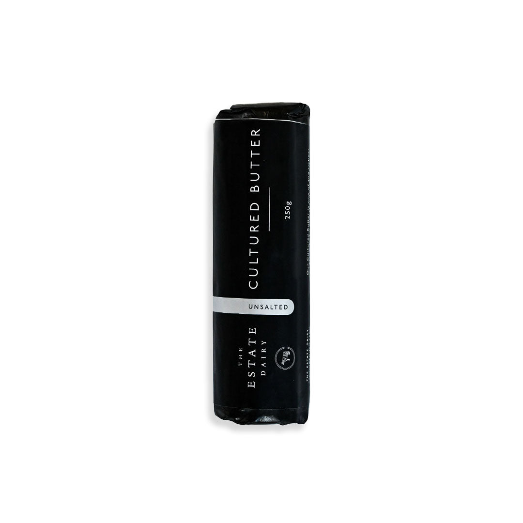 Black container of cultured butter with white text on a white background