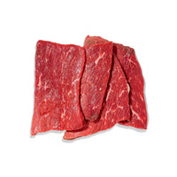 Raw beef steaks on a white background