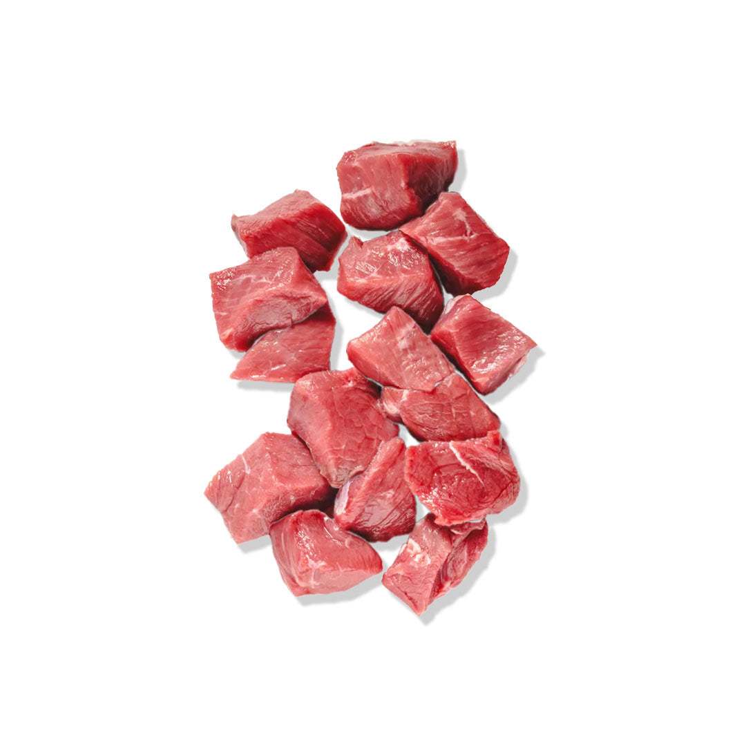 Fresh premium veal cubes, tender and evenly cut for cooking and stews
