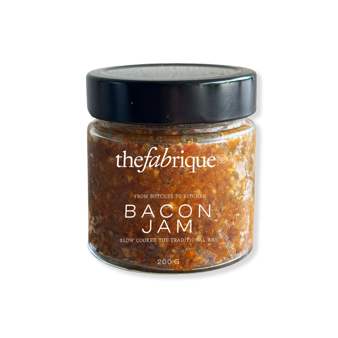 Jar of bacon jam from thefabrique on a white background