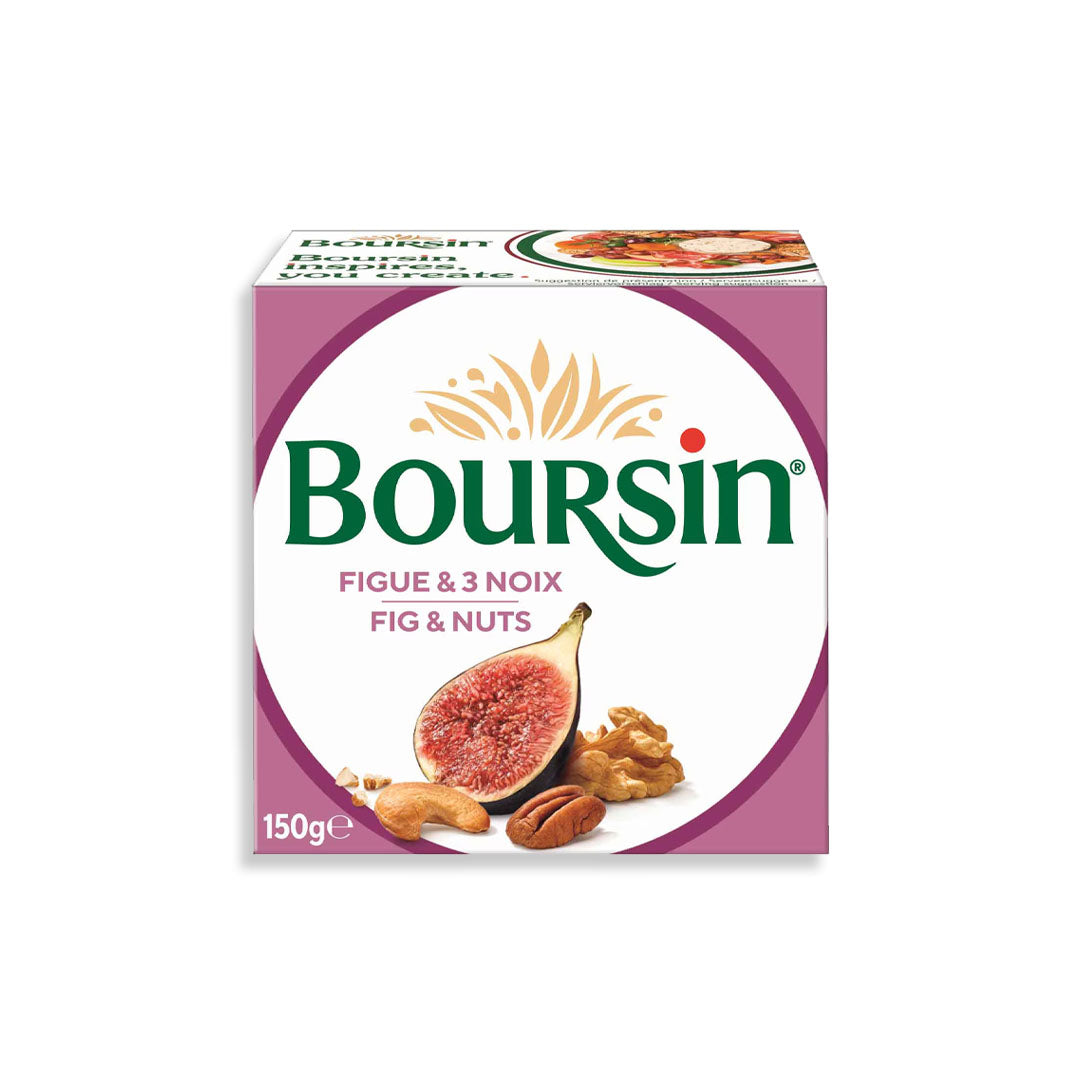 A 150g box of Boursin Fig & 3 Noix (fig and nuts) on a plain white background. The packaging features a white center with green Boursin branding, a purple border, and illustrations of a sliced fig and walnuts.