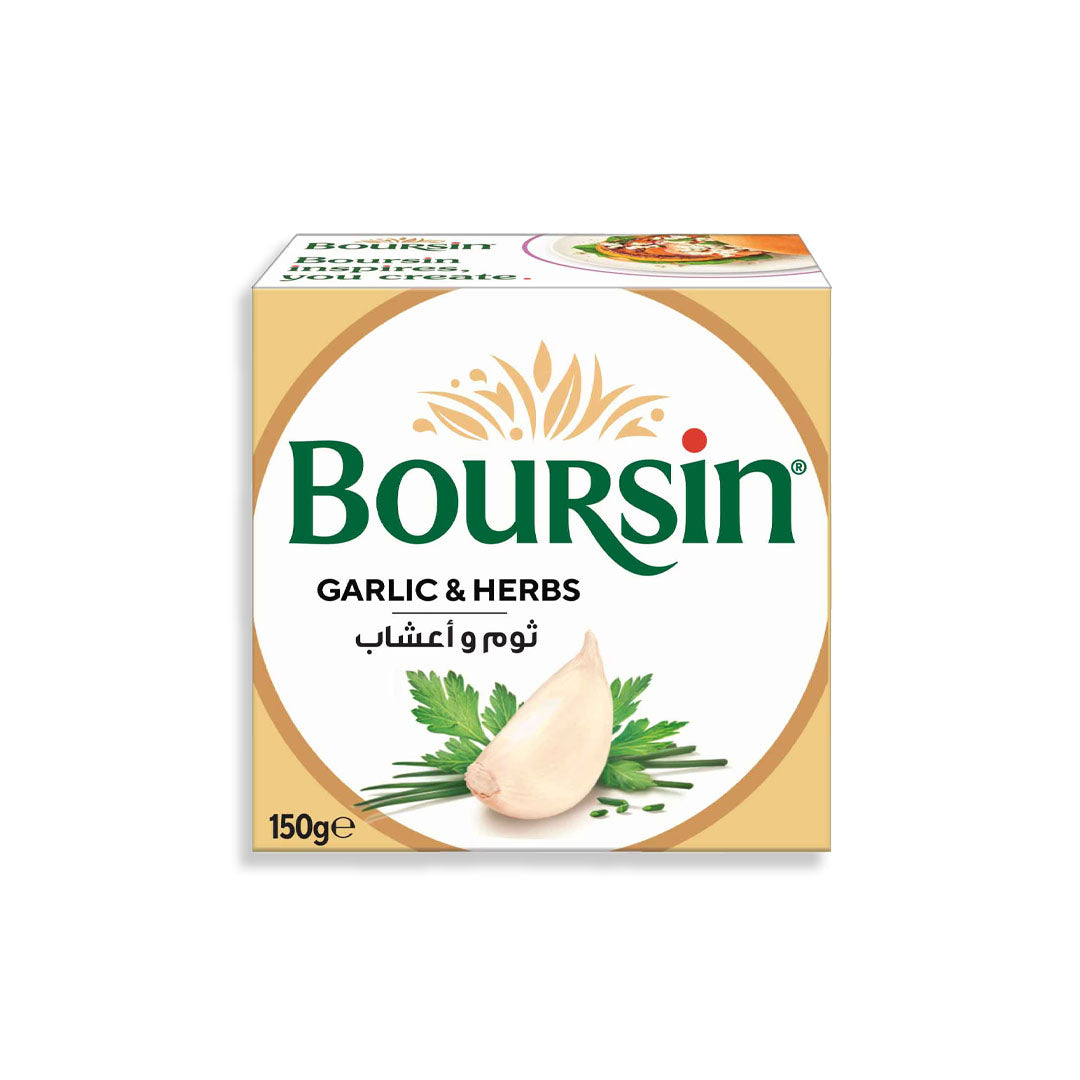 A 150g box of Boursin Garlic & Herbs seasoning mix, featuring the brand name 'Boursin' in green with a red dot, and illustrations of garlic and parsley on a beige and white background.