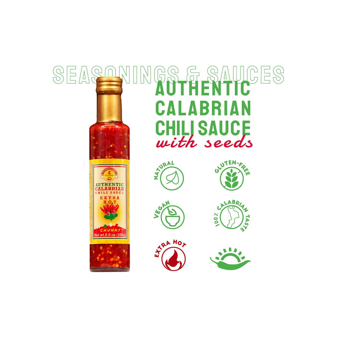 Bottle of Authentic Calabrian Chili Sauce with seeds on a white background