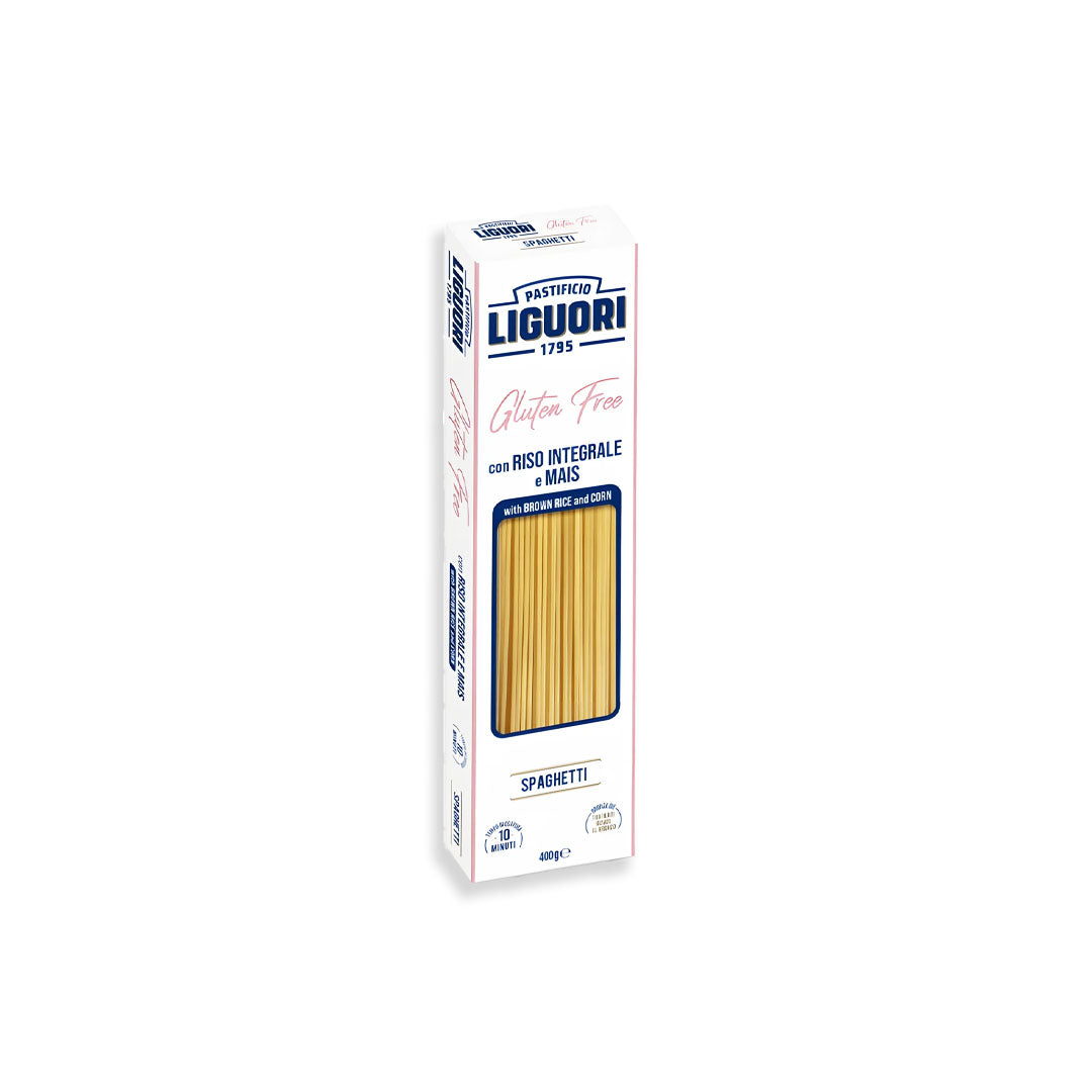 Box of Liguori spaghetti pasta on a white background