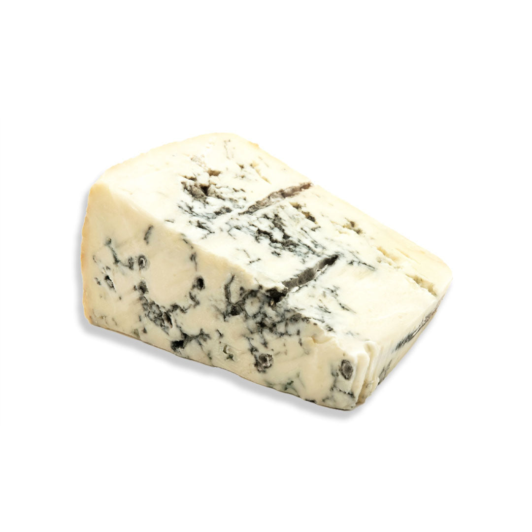 A wedge of blue cheese with a creamy off-white rind and dark blue-green mold veins, photographed on a plain white background.