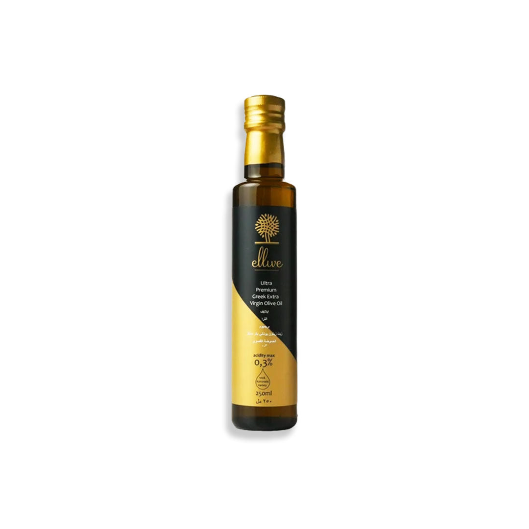 A 250ml glass bottle of olive oil with a black and gold label and a gold cap, centered on a white background.