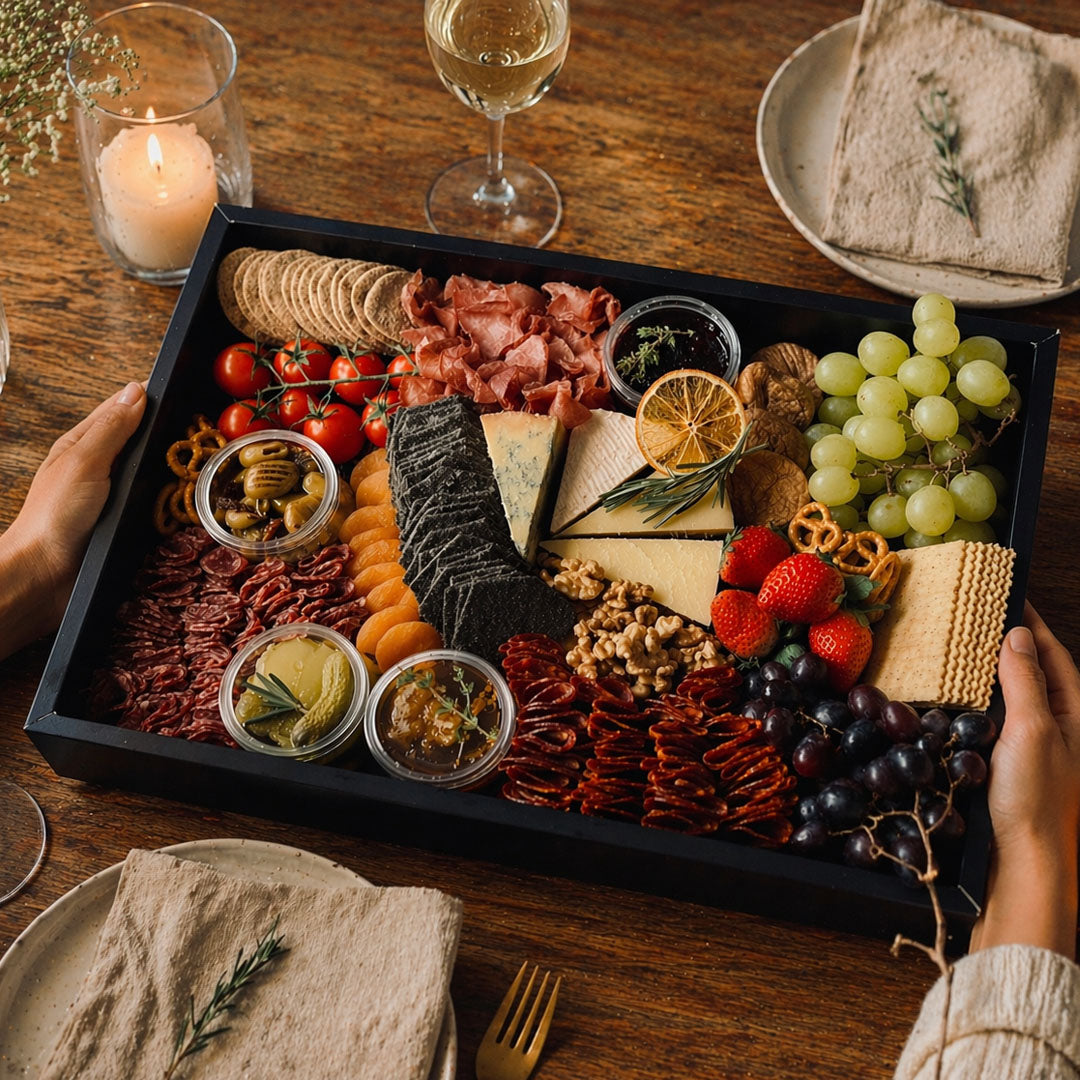 Platter of assorted meats, cheeses, fruits, and crackers on a wooden table with wine glasses and candles.
