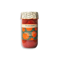 A glass jar of DO GOURMET Whole Peeled Tomato on a white background, showing the red tomatoes inside and a green and orange label.