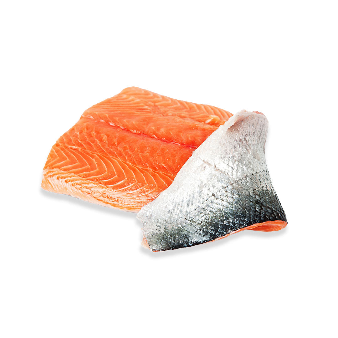 Two salmon fillet slices on a clean white background, one showing the bright orange-pink flesh and the other showing the silvery skin.