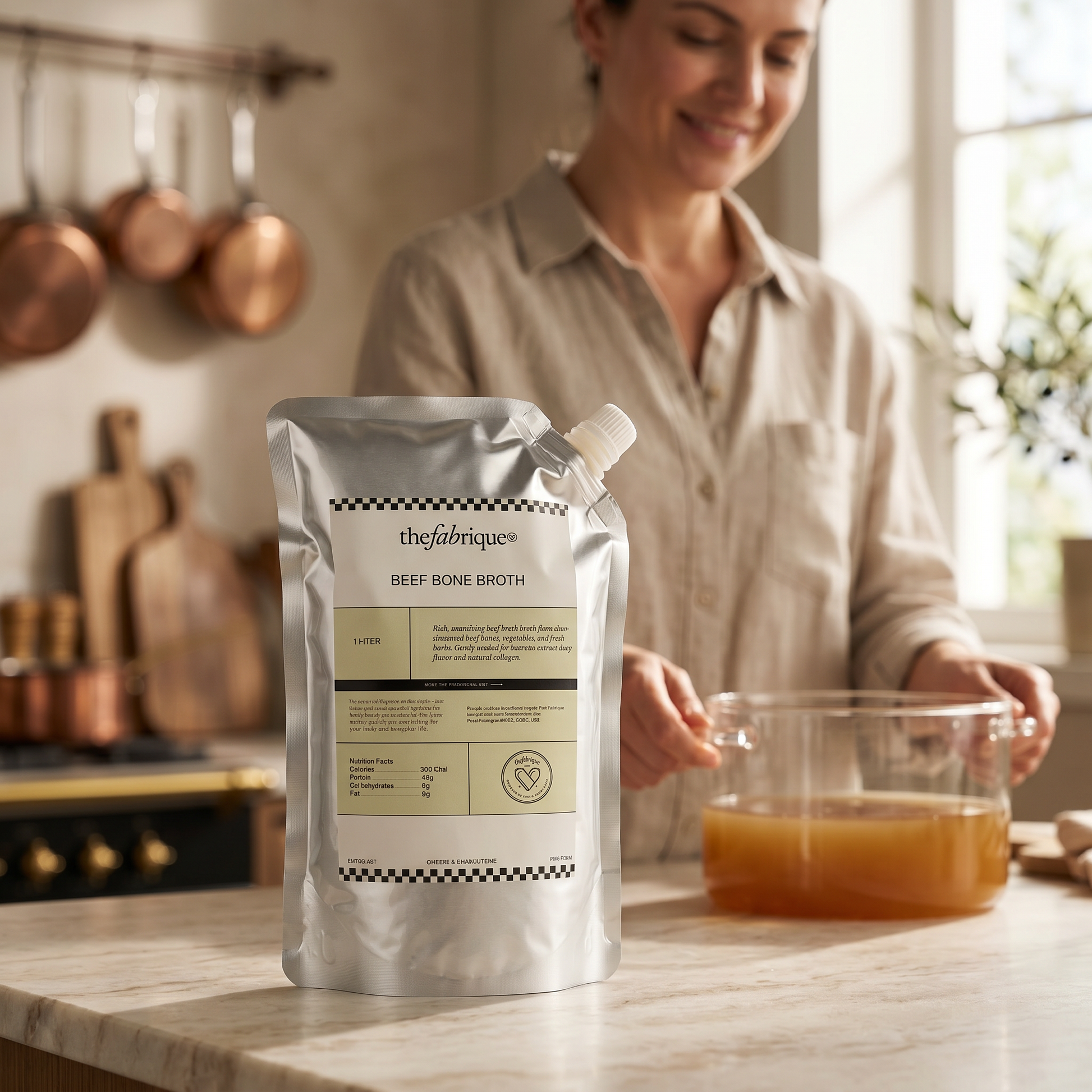 Woman in a kitchen pouring bone broth into a glass with a package of The Fabricator Beef Bone Broth in the foreground.