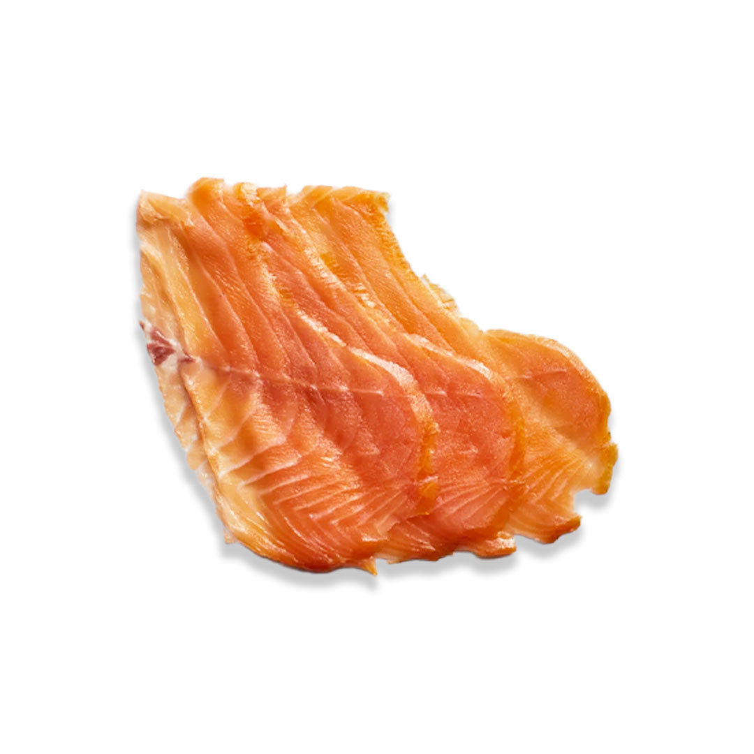 A single piece of raw salmon fillet, showing its characteristic orange-pink flesh and white fat marbling, isolated on a white background with a soft drop shadow.