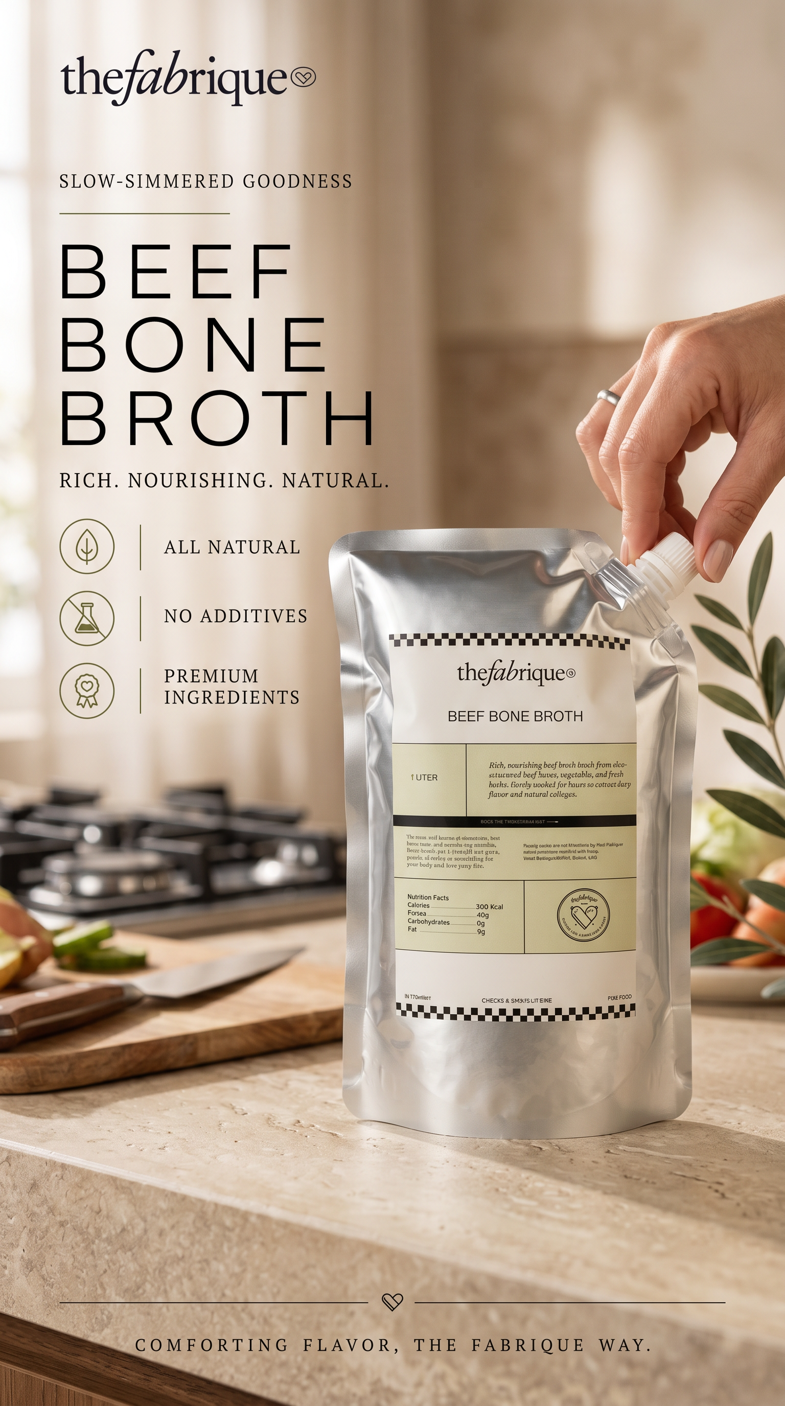 Package of thefabrique beef bone broth on a kitchen counter