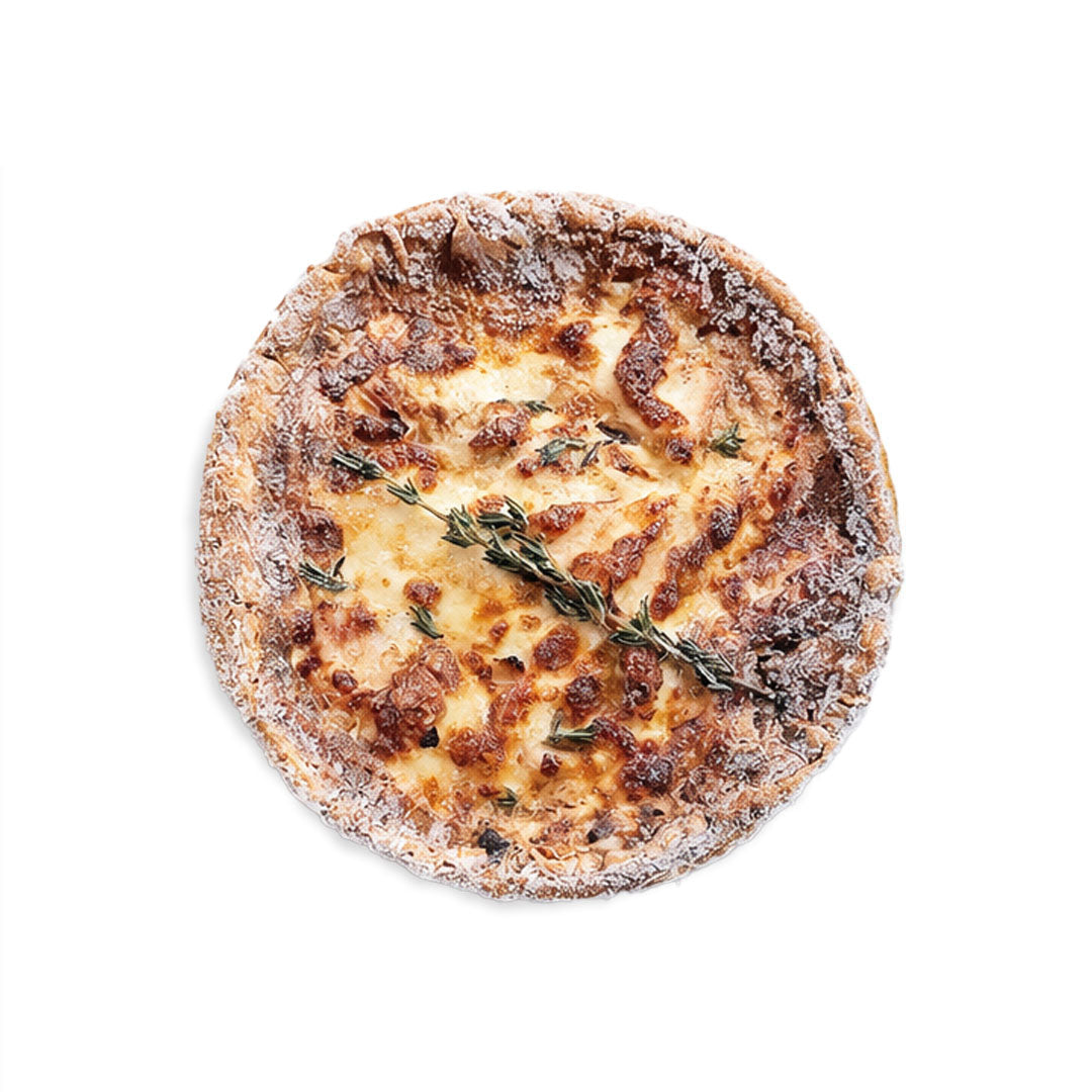 Round baked dish with a golden brown crust and melted cheese on a white background